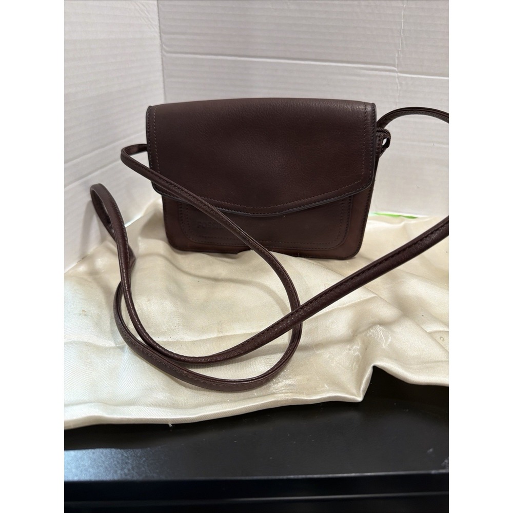 Vintage Fossil Women's Brown Genuine Leather Flap Multi Pocket Crossbody Bag